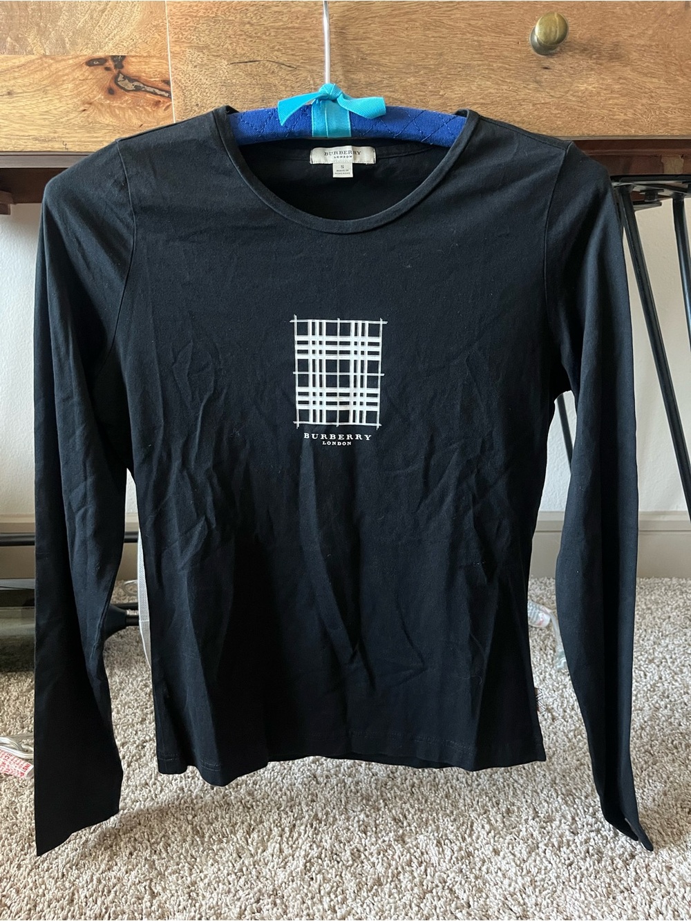 Authentic Burberry Plaid Pattern Black White Long Sleeve Top